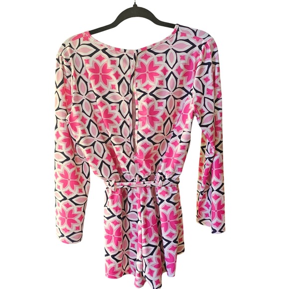 Axyeh Women's Romper Dress Pink Black Geometric Print Long Sleeve Medium M - Picture 3 of 5